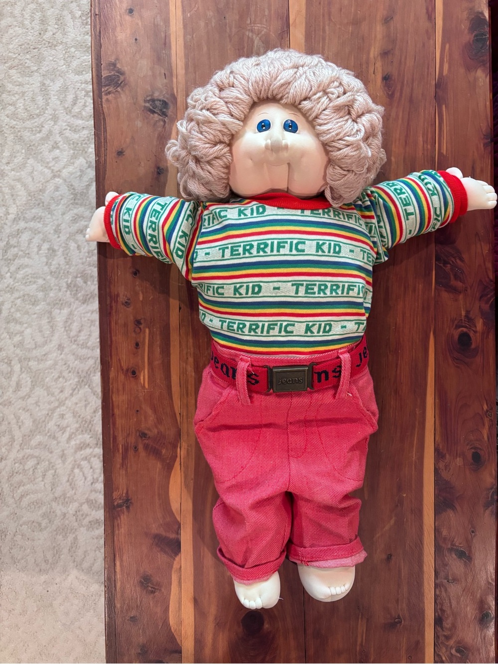 Vintage Xavier Roberts Little People Soft Sculpture Doll w/Striped Top Red Pant